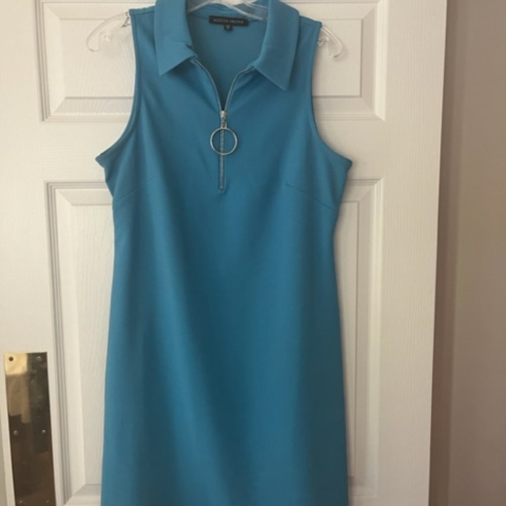Boston Proper Teal Sleeveless Zip-Front Collar Dress